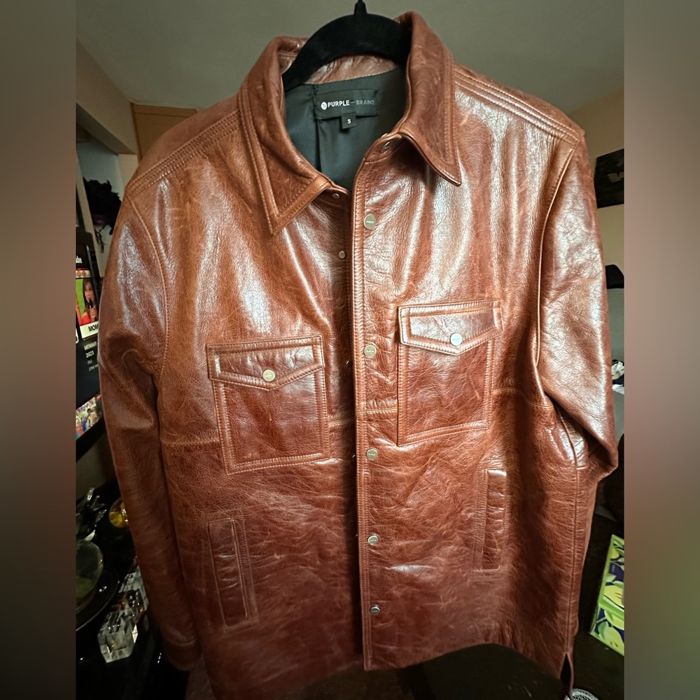PURPLE BRAND men's jacket 
Made In Italy Leather Collared Shirt Jacket
RED , S